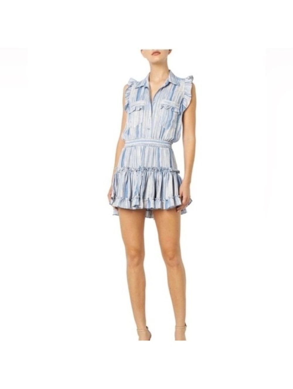 MISA Los Angeles Carlotta Mini Dress Blue White Striped Ruffle Size S